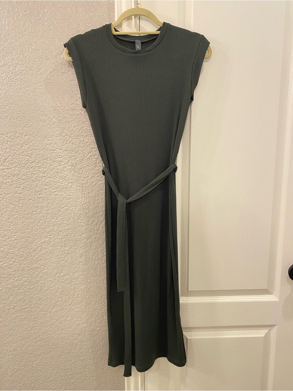 Alya Olive Green Ribbed Knit Cap Sleeve Belted Midi Dress